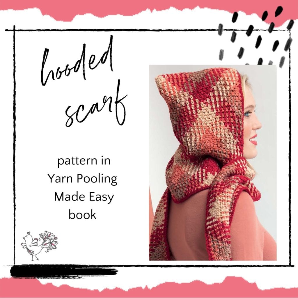 hooded crochet scarf in yarn pooling made easy