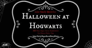 An invitation graphic for a "Halloween at Hogwarts" event featuring elegant black and white design with cobwebs and a spider in the corners, and links to Harry Potter themed giveaways. -Marly Bird