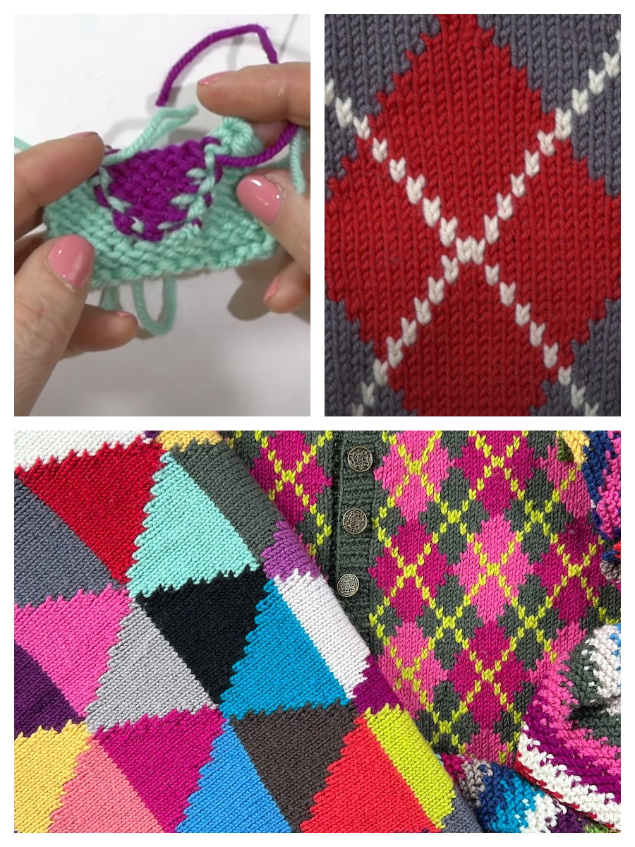 A collage of three images showing different knitting patterns: the first features a close-up of crochet in green and purple, the second shows a red and white intarsia diamond pattern, and the third displays a colorful patchwork of knitted triangles. -Marly Bird