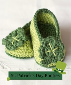 free knit and crochet St. Patrick's Day patterns. picture of green clover booties. Marly Bird