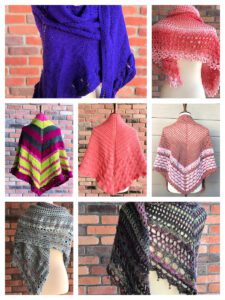 A collage of nine images showcasing various handmade scarves and shawls in different colors and patterns, all displayed against a brick wall background for the Tournament of Stitches Mystery Make-Along. -Marly Bird