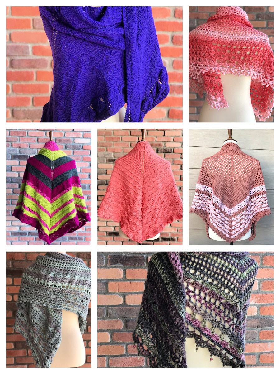 A collage of nine images showcasing various handmade scarves and shawls in different colors and patterns, all displayed against a brick wall background for the Tournament of Stitches Mystery Make-Along. -Marly Bird