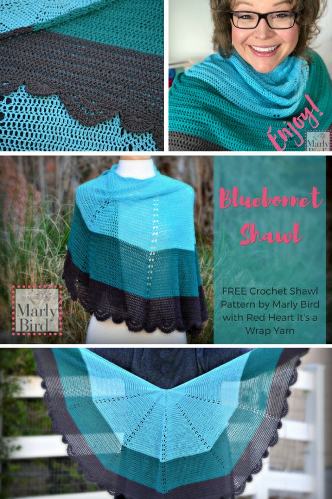 FREE Crochet Shawl pattern by Marly Bird, the Bluebonnet Shawl shown in many different ways