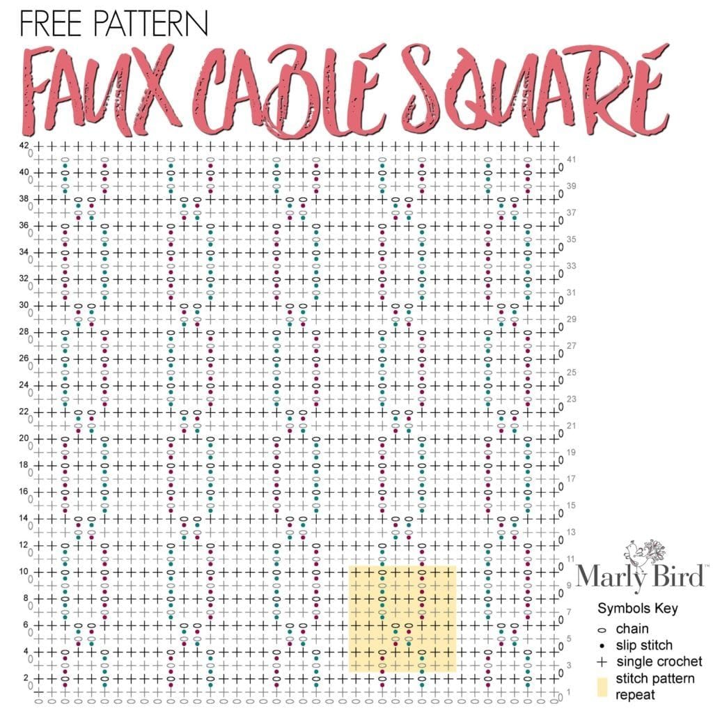 Free Crochet Pattern Faux Cable Square by Marly Bird 