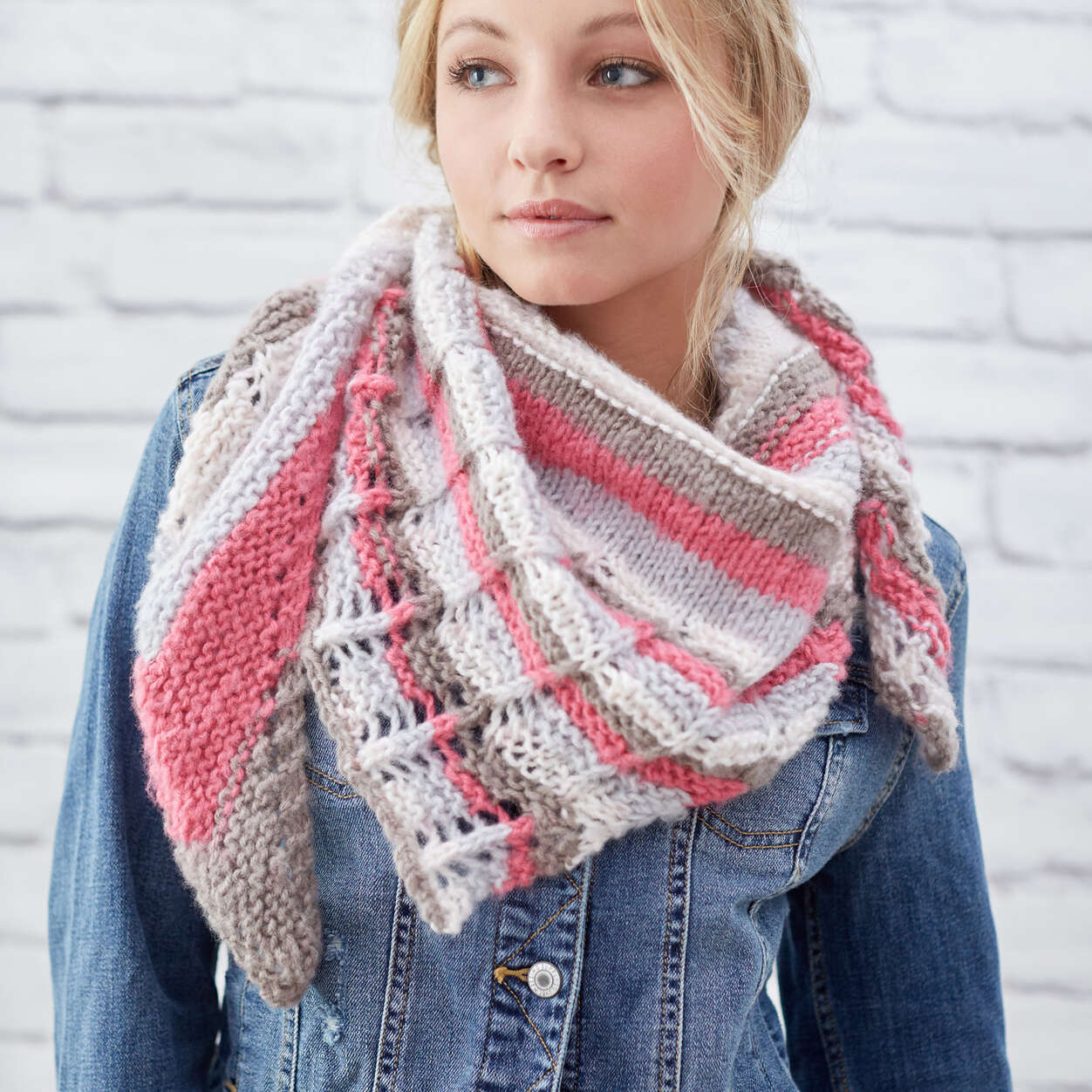 Lacy Stripes Shawl wrapped around the neck of a model -- Marly Bird