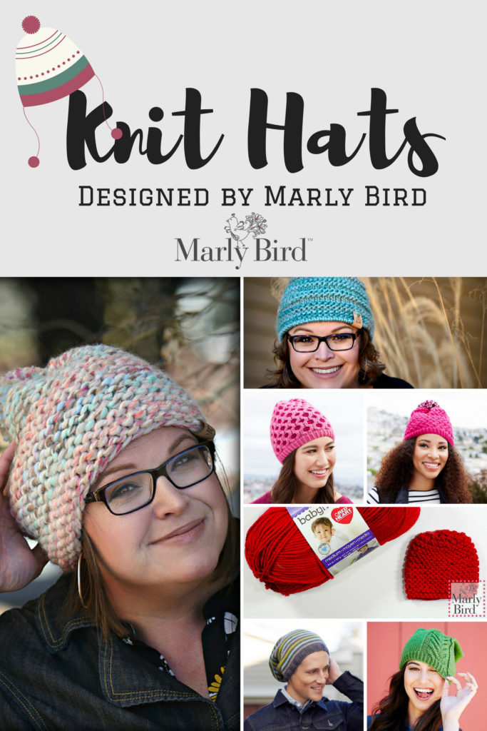 Knit Hats Designed by Marly Bird, collage of various knit hats in a variety of styles from beginner knitter to advanced knitter - Marly Bird