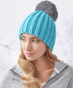 14 FREE Blue Hats Patterns: Easy-Fit Ribbed Pompom Hat