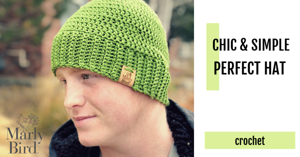 chic and simple perfect crochet hat for beginner crocheters. shown on a young man in the color green- Marly Bird