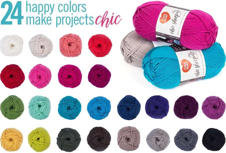 Twenty-four skeins of yarn in assorted bright colors are arranged neatly in rows, with two extra skeins stacked on the right.