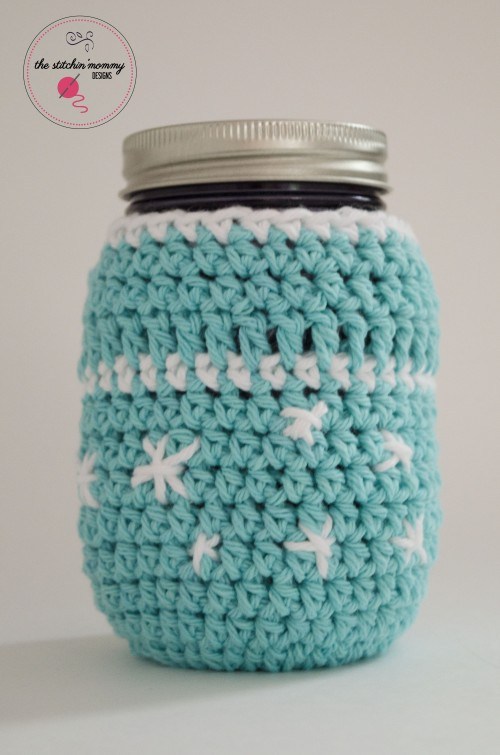 FREE Crochet Frosty Snowflake Jar Cozy designed by The Stitchin' Mommy