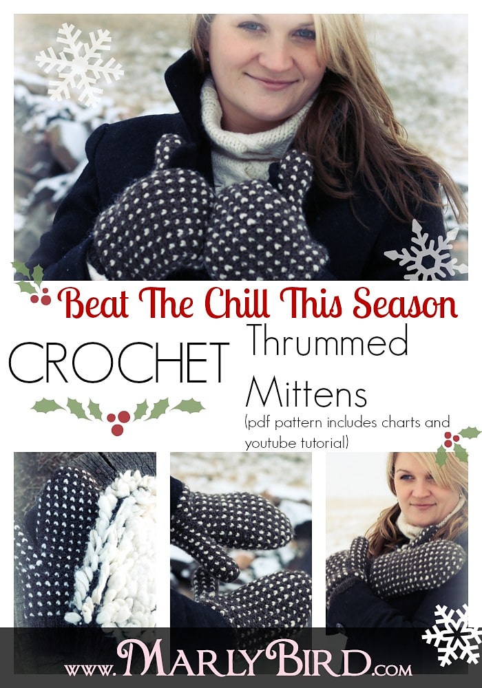Crochet Thrummed Mittens Pattern by Marly Bird using Griddle Stitch (sometimes called the Lemon Peel Stitch). These are wonderfully warm crochet mittens. 
