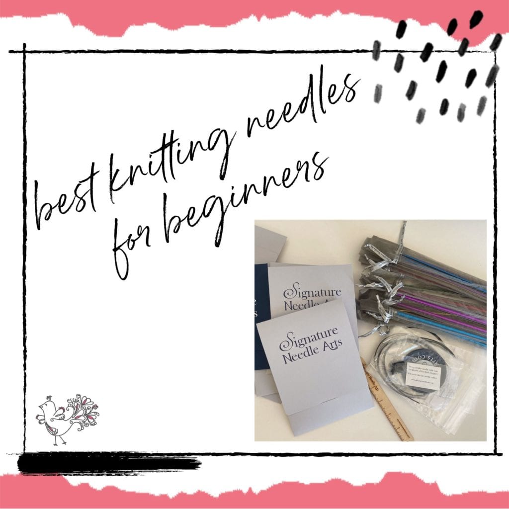Best knitting needles for beginners - Signature Needle Arts colored metal knitting needles in individual bags, with wood ruler, and extra cords.