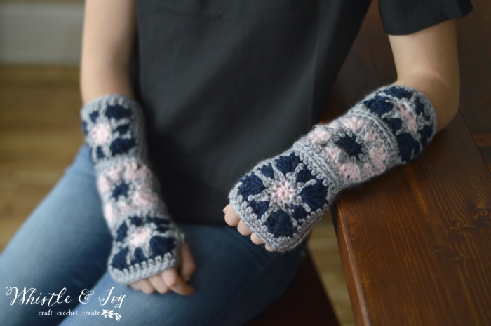 Starburst Granny Square Arm Warmers designed by Whistle and Ivy-FREE Crochet Fingerless mItts