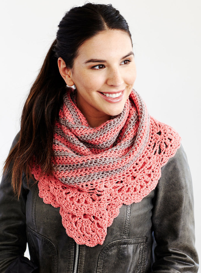 FREE Crochet Chic and Strong Crescent Shawl-Made in Pantone color of the year Living Coral