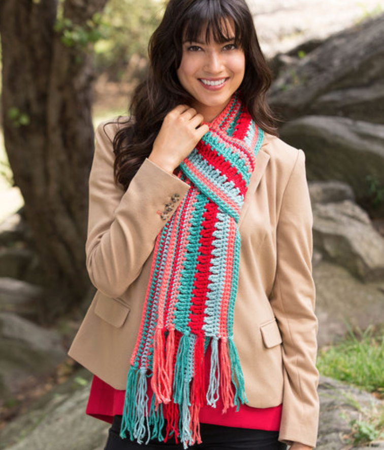 FREE Crochet Bright Stripes Scarf-Pantone color of the year Living Coral