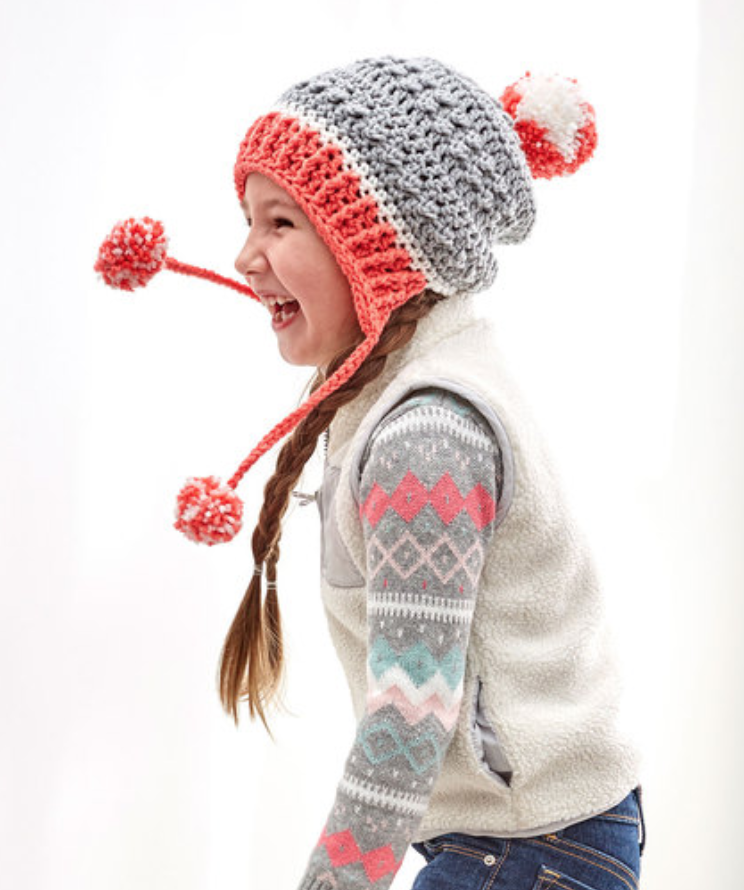 FREE Crochet Little Miss Pompom Hat-Pantone color of the year Living Coral