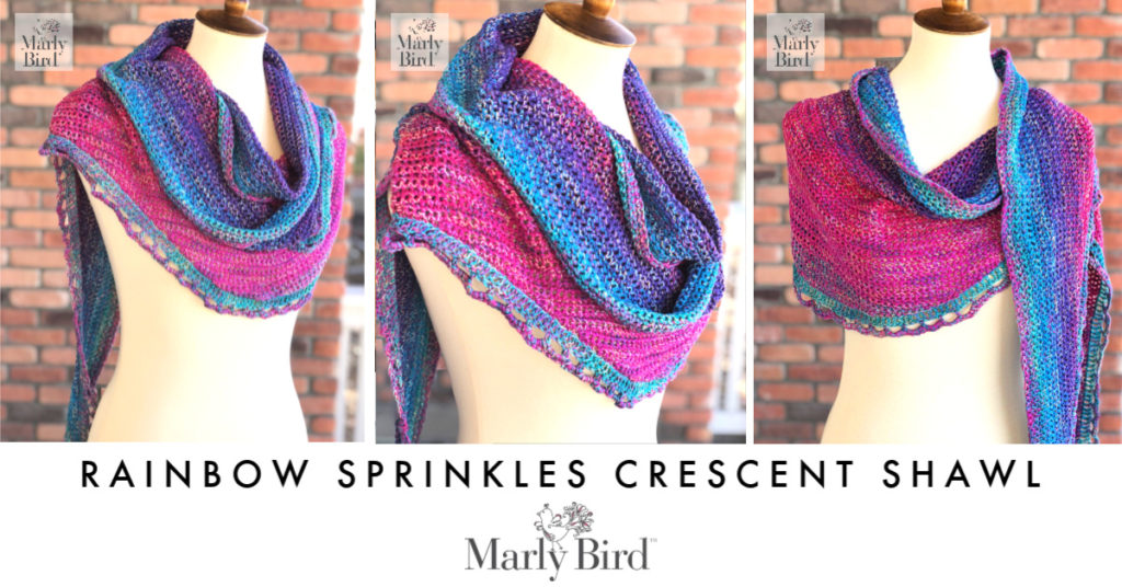 Rainbow Sprinkles Crescent Shawl by Marly Bird - Sock Weight Yarn in graduated hues of pinks purple and blue. Text that reads Rainbow Sprinkles Crescent Shawl