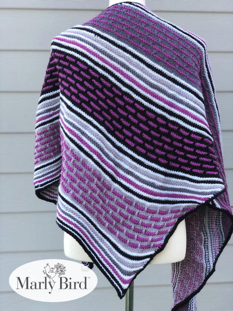 Mosaic Knit Shawl in five colors and made in asymmetrical shape. Applied I-cord finish and free knit shawl pattern - Marly Bird