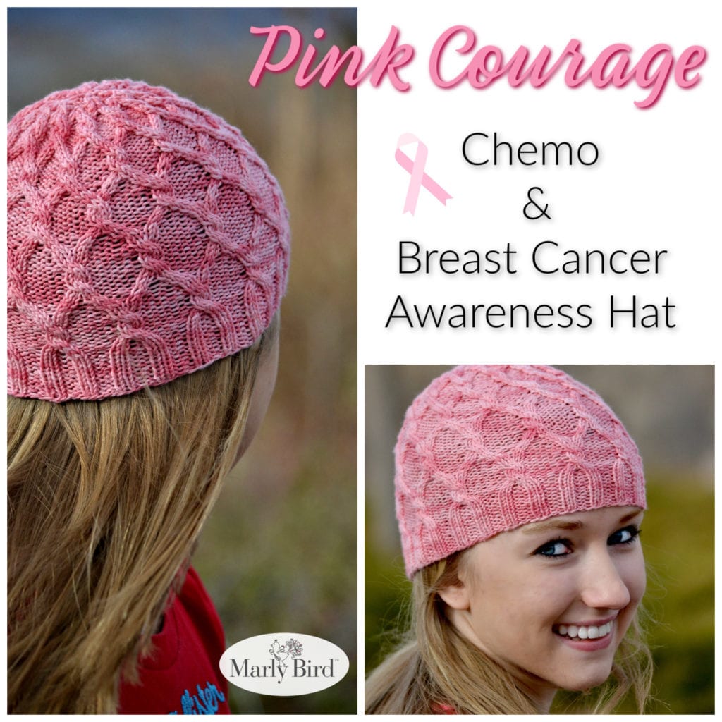 cable knit hat made in pink yarn - texts chemo and breast cancer awareness hat - Marly Bird