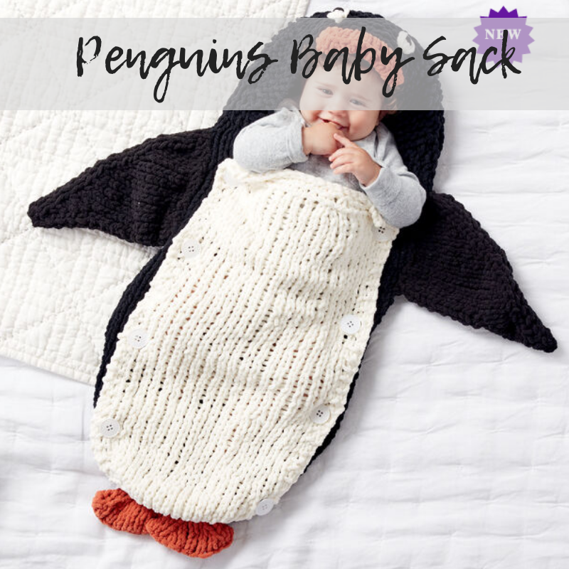 FREE Knit Baby Sack Pattern from yarnspirations with penguin