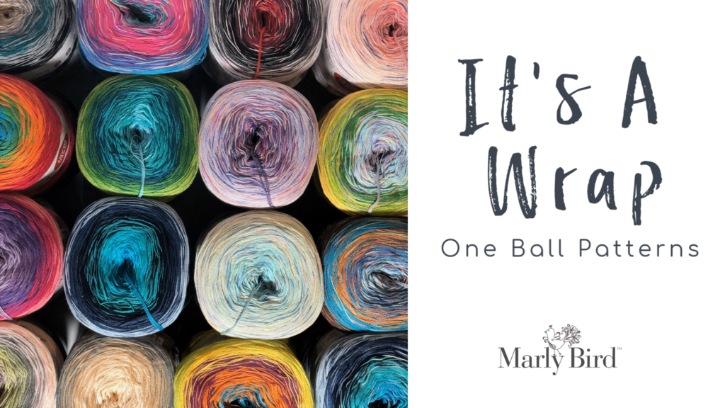 Colorful yarn cakes neatly stacked on the left; right side features "It's A Wrap One Ball Patterns" text and logo on light background.