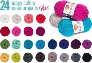 Rows of colorful yarn balls, both vibrant and muted, displayed for knitting or Tunisian crochet projects.