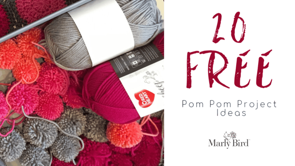 Pink, gray, and orange yarn with matching pom poms and needles; text: “20 Pom Pom Project Ideas” on the right.