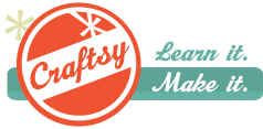 Logo of Craftsy featuring a circular orange badge with the word "Craftsy" in white cursive text, accented with a mint green ribbon stating "Marly Bird: Learn it. Make it. -Marly Bird