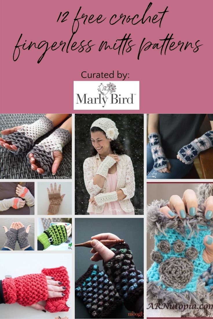 10 image collage of various crochet fingerless mitts designs in many differetn crochet techniques.