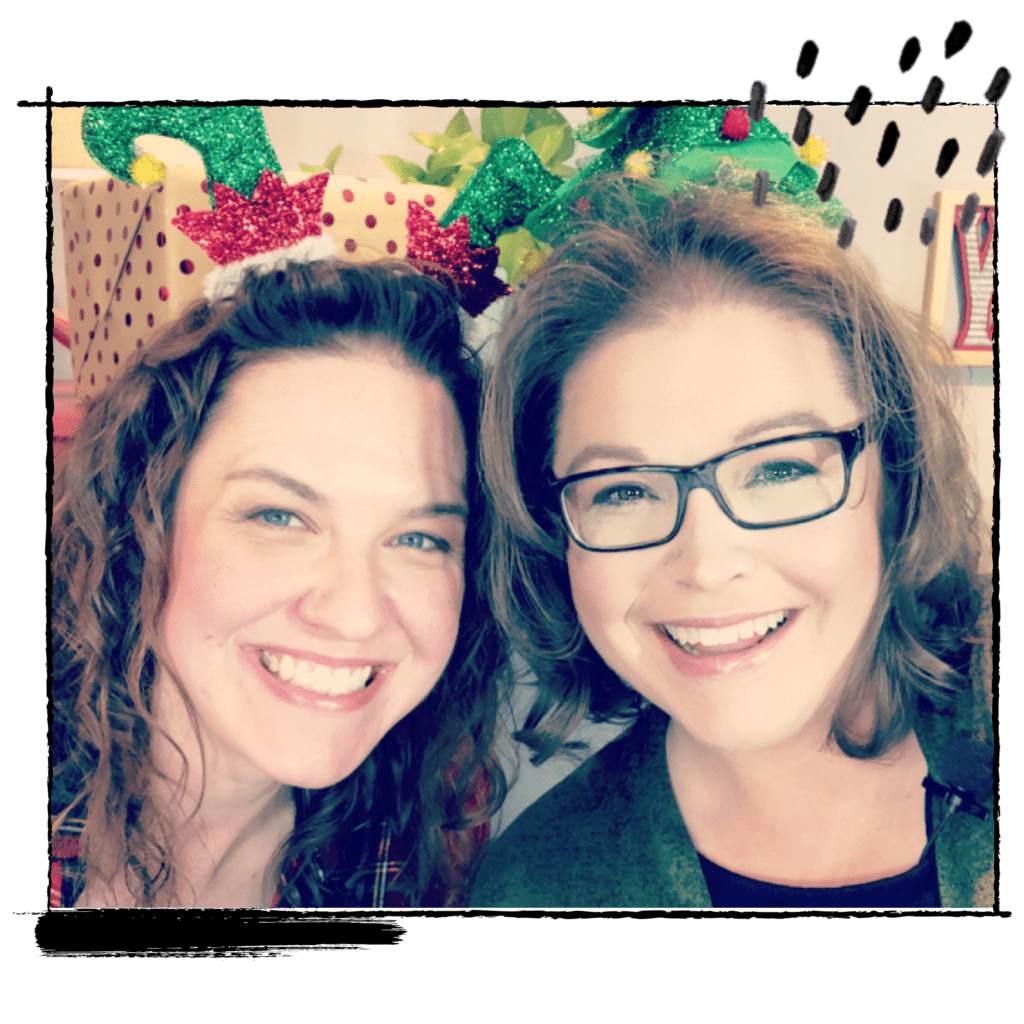 Two women smiling at the camera, one with curly hair and the other wearing glasses, both sporting festive headbands with glittery designs from quickie patterns. -Marly Bird