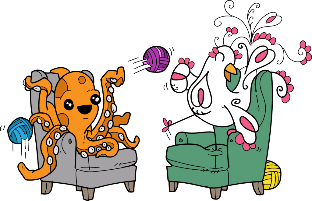 A cartoon octopus on a gray chair engaged in stash busting with various colored yarns, and a whimsical white creature with floral patterns on a green chair, catching a butterfly. -Marly Bird