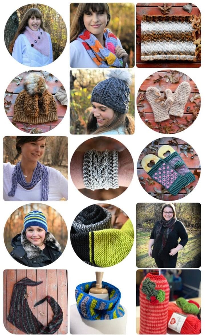 A collage featuring various hand-knit and crochet winter accessories such as hats, mittens, and scarves modeled by different individuals in outdoor settings, highlighting diverse knitting patterns and colors. -Marly Bird