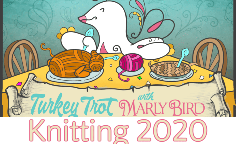 Illustration of a joyful cartoon seal knitting with pink yarn at a wooden table, accompanied by a pie and a bowl of yarn, with text "knitting turkey trot 2020" on a decorative teal background. -Marly Bird