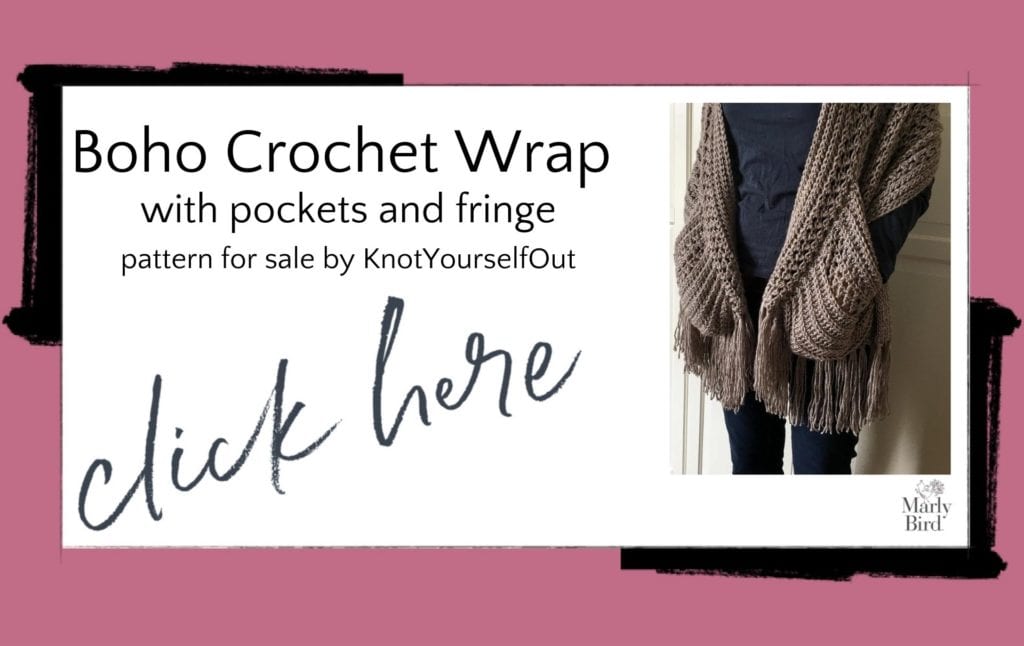 Boho crochet wrap pattern with pockets and fringe