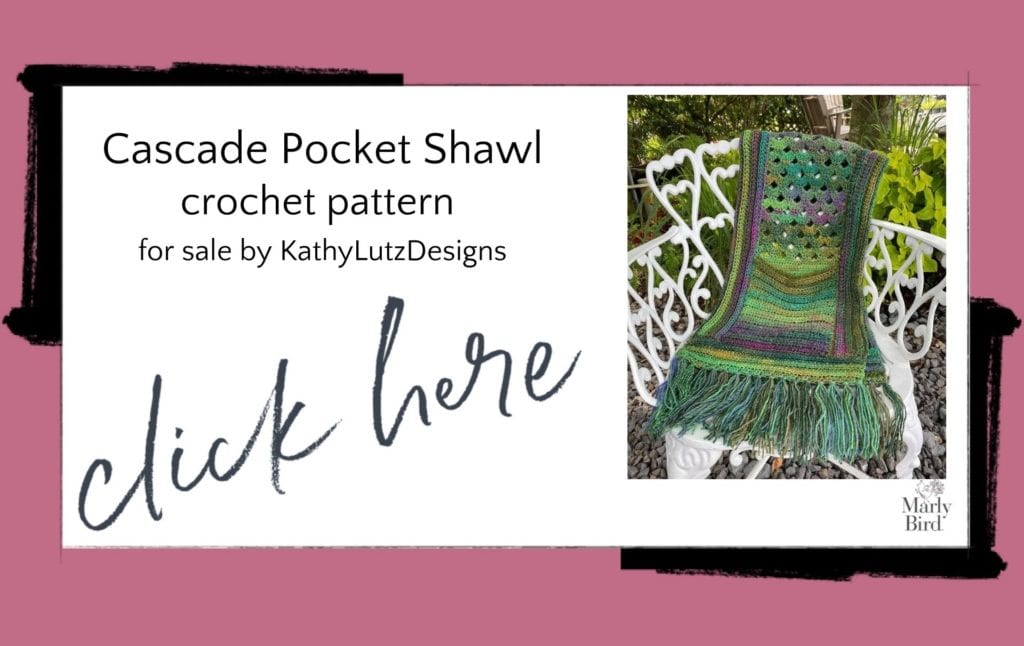 Cascade Pocket Shawl crochet pattern by Kathy Lutz Designs