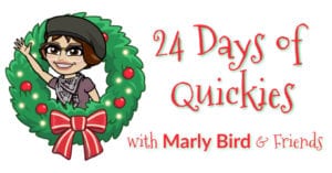 Illustration featuring a cartoon character resembling a woman wearing a beanie inside a Christmas wreath labeled "24 Days of Quickies with Marly Bird & Friends. -Marly Bird