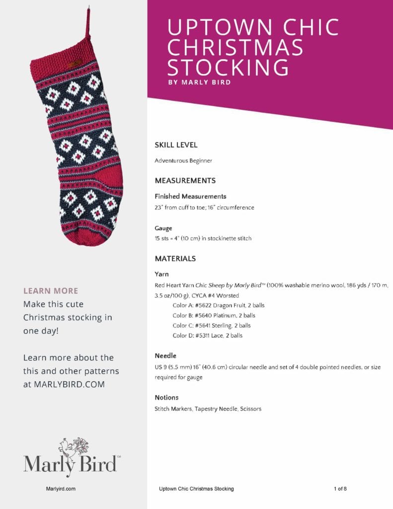 Promotional material for an uptown chic knit Christmas stocking project labeled "Uptown Chic Christmas Stocking by Marly Bird."_features an image of a red and white stocking and a detailed list of materials, measurements, and tools required. -Marly Bird