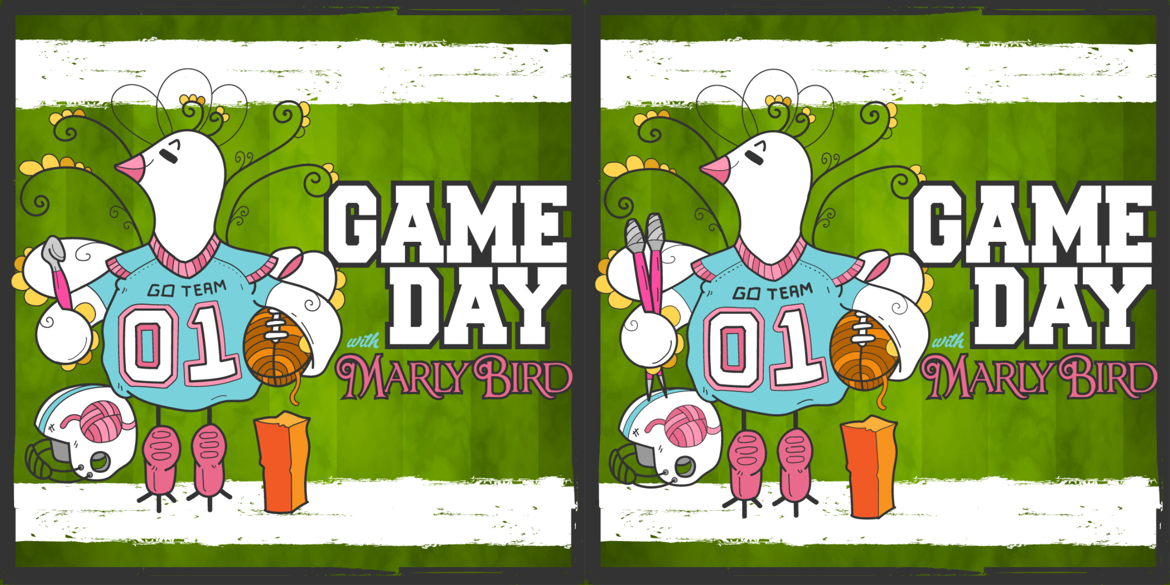 Illustration of a cartoon bird in a sports jersey labeled "01" and "go team," celebrating "Game Day Mystery Make Along 2021" with a football and megaphone, set against a stylized floral and striped background. -Marly Bird