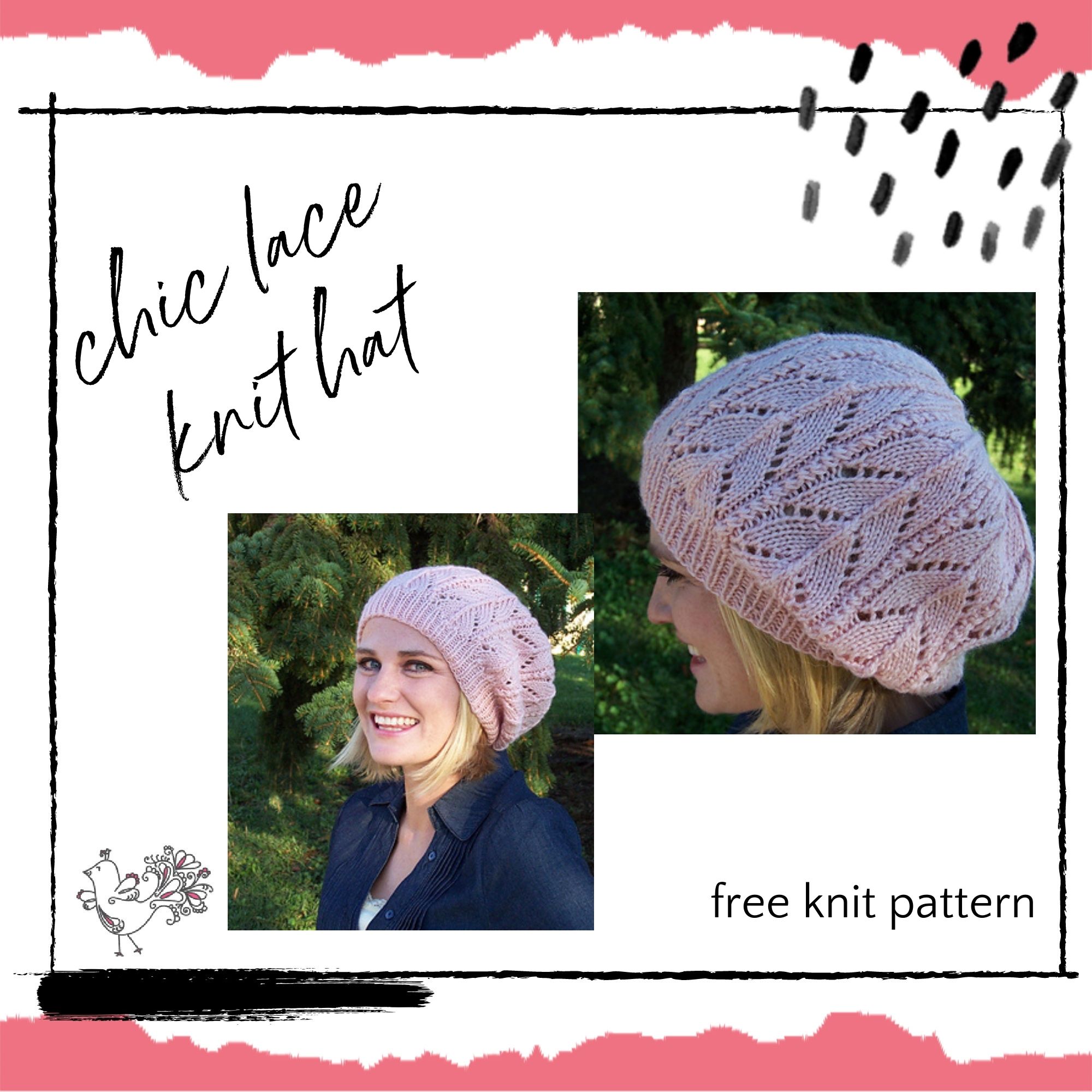 A collage of two images of a woman wearing a pink knit lace hat, with text labels "chic knit lace hat" and "free knit pattern," against a decorative background with floral and dotted elements. -Marly Bird