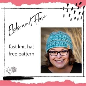 A cheerful woman wearing glasses and a turquoise knitted beanie smiles at the camera. The text on the image says "Fast Knit Hat Free Pattern." Decorative elements are around the text. -Marly Bird