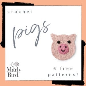 Promotional image featuring a crochet pig design with the word "pigs" in cursive, on a white background with black brushstrokes, and text promoting "marly bird" with 6 free crochet patterns. -Marly Bird