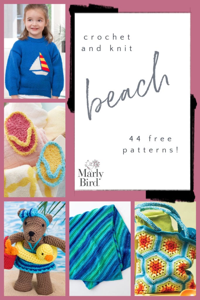 5 image collage of Free Knit and Crochet Beach Patterns: blue seater with intarsia sailboat, flip flop scrubbies, amigurumi bear with beach toys, diagonal knit blanket in blues and greens, crochet motif beach bag.