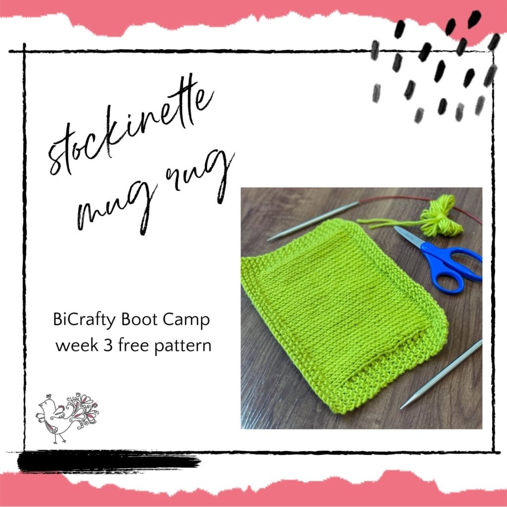 BiCrafty Boot Camp knit mug rug free pattern