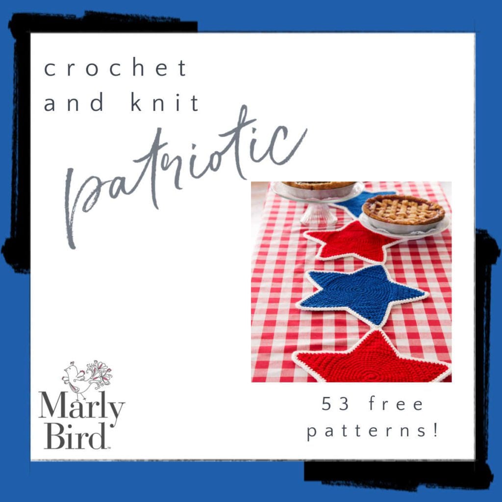 Red and blue crocheted star placemats on a checkered table, shown with pies and patriotic-themed accessories.