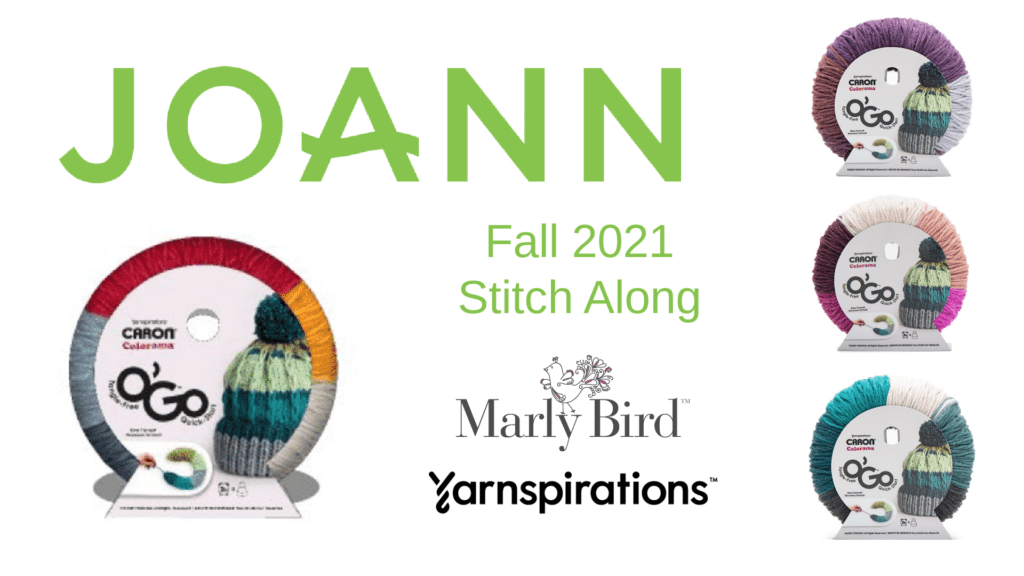 JOANN Stitch Along 2021 with 4 donuts of O'Go Yarn Caron Colorama. Marly Bird Logo and Yarnspirations Logo
