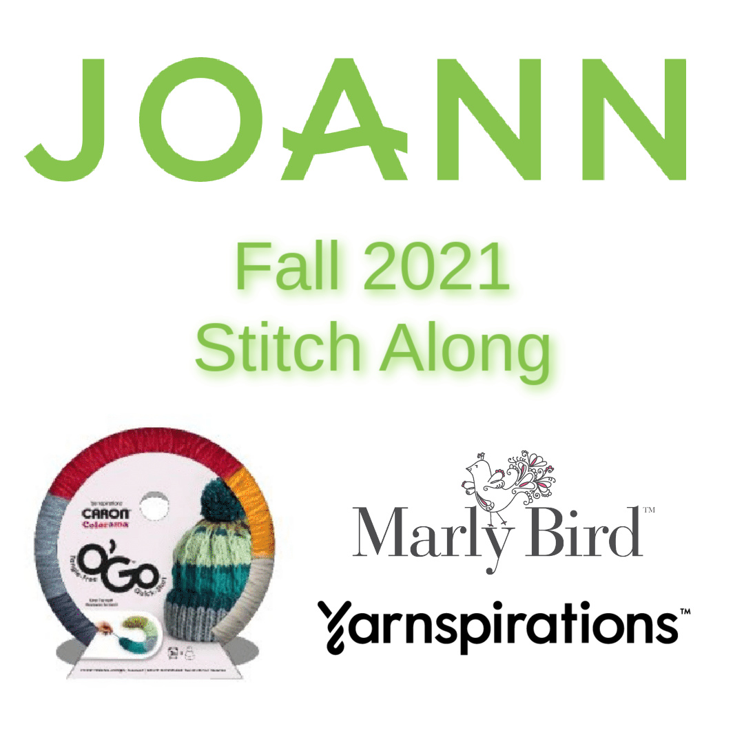 JOANN fall 2021 Stitch Along Log with Bird Logo for Marly Bird and Yarnspirations Logo