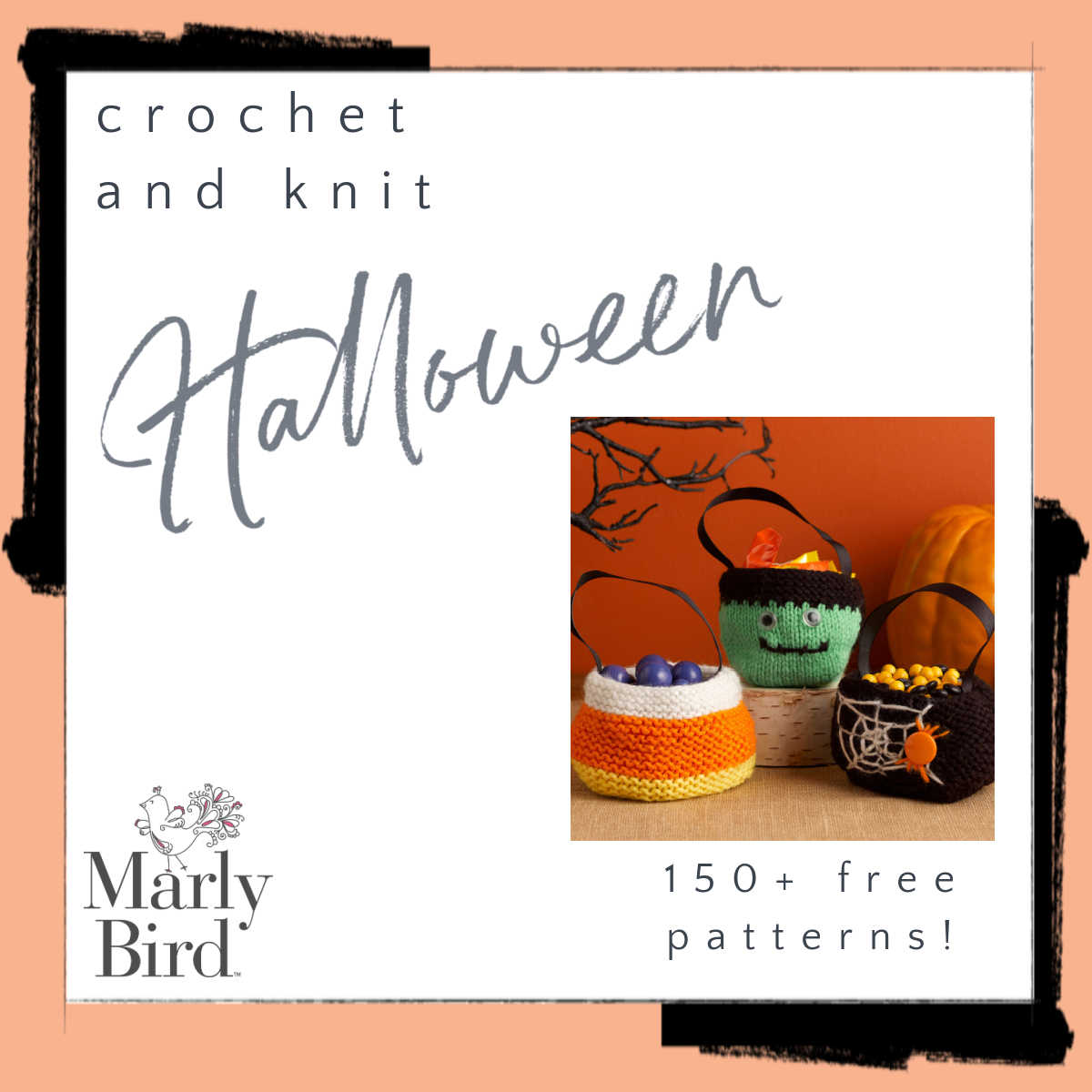 Promotional image for Marly Bird featuring Halloween-themed crochet and knit patterns, including a Frankenstein design and cauldron, beside pumpkins. Text highlights "150+ free Halloween decorations and costumes. -Marly Bird