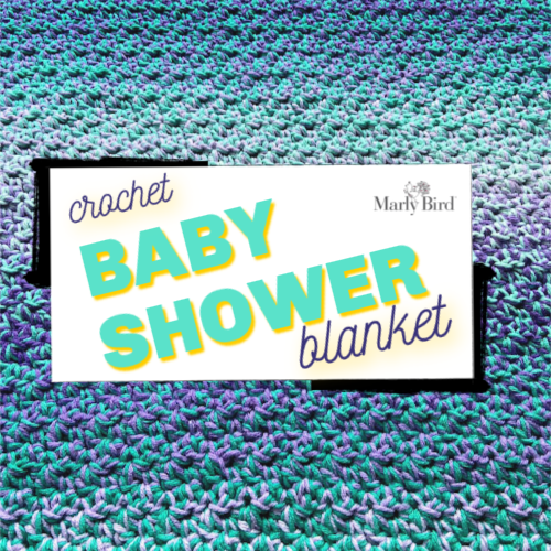 square image of purple and teal crochet baby shower blanket with text: crochet baby shower blanket 

