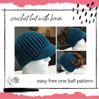 Unisex Crochet Hat with Brim Free Pattern: One-Ball Hat with Messy Bun Hat Option