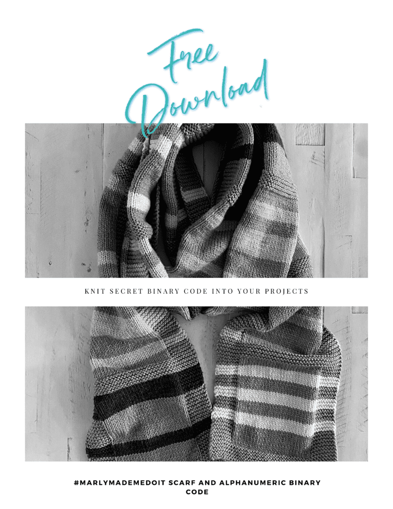 Knit Secret Binary Code Scarf Pattern and Alphanumeric Binary Code Instructions. Free PDF Download.